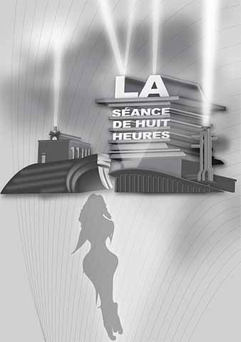 Traitement 3D du titre de la nouvelle La séance de 8 heures style 20th Century Fox avec silhouette de femme qui fuit