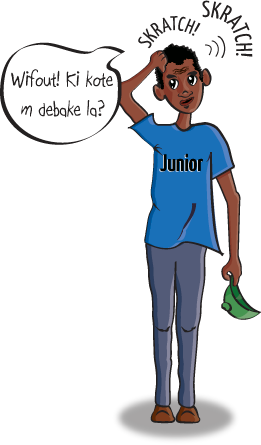 Junior se demande en créole où il a débarqué en se grattant la tête